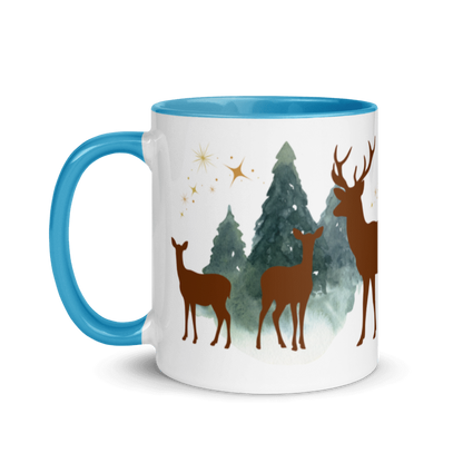 Tasse „Hirsch im Wald“ – Winter-Tasse mit Hirschen, Tannen &amp; goldenen Sternen