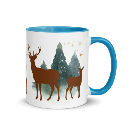 Tasse „Hirsch im Wald“ – Winter-Tasse mit Hirschen, Tannen &amp; goldenen Sternen