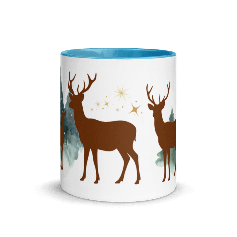 Tasse „Hirsch im Wald“ – Winter-Tasse mit Hirschen, Tannen &amp; goldenen Sternen