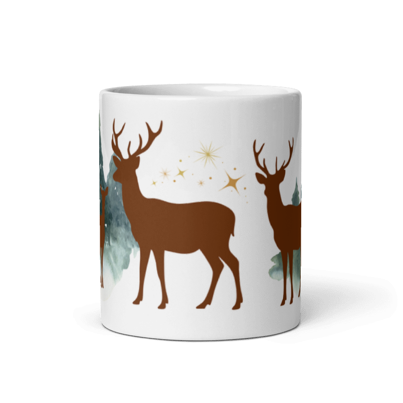 Tasse „Hirsch im Wald“ – Winter-Tasse mit Hirschen, Tannen &amp; goldenen Sternen