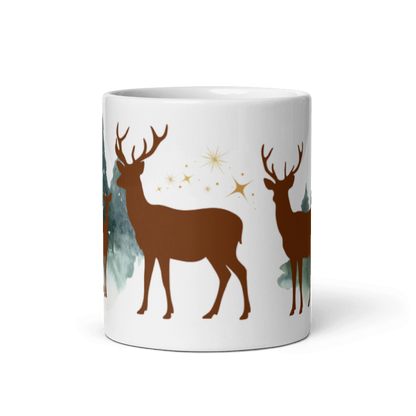 Tasse „Hirsch im Wald“ – Winter-Tasse mit Hirschen, Tannen &amp; goldenen Sternen