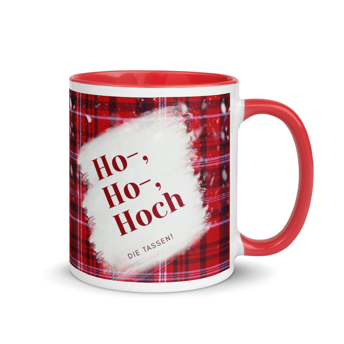 Tasse mit Spruch “Ho, Ho, Hoch die Tassen!” vor rotem Karomuster, roter Henkel und rote Innenseite