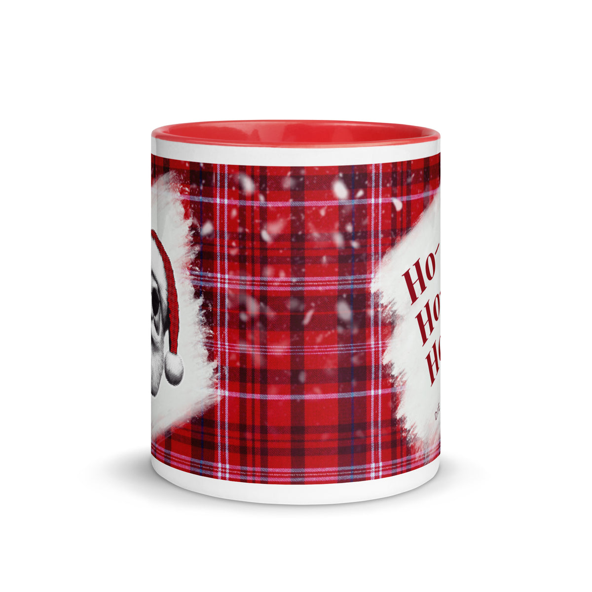Weihnachtstasse mit rotem Karomuster, Weihnachtsmann mit Sonnenbrille und Spruch “Ho, Ho, Hoch die Tassen!”, rote Innenseite