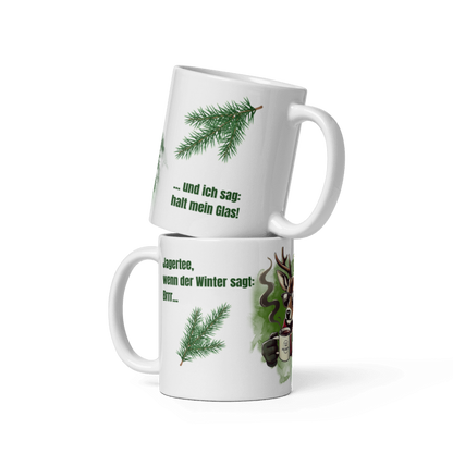 Tasse Jagertee – Hirsch mit Sonnenbrille &amp; Spruch „Halt mein Glas!“
