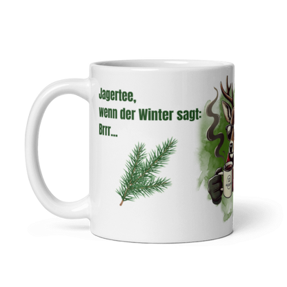 Tasse Jagertee – Hirsch mit Sonnenbrille &amp; Spruch „Halt mein Glas!“