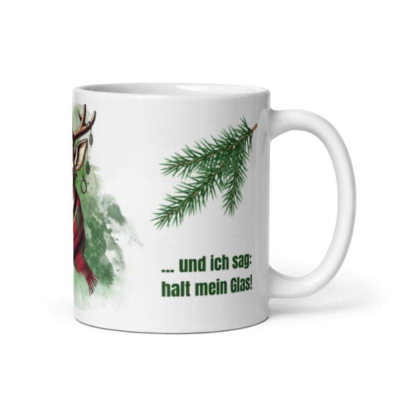 Tasse Jagertee – Hirsch mit Sonnenbrille &amp; Spruch „Halt mein Glas!“