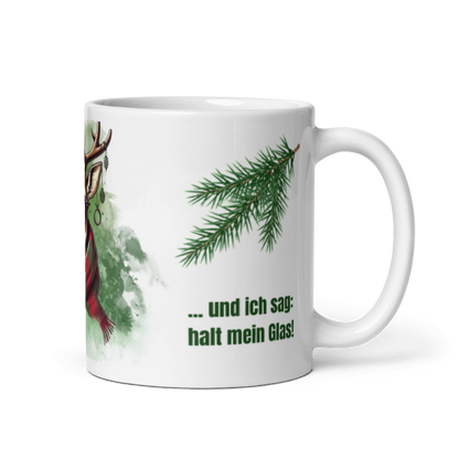 Tasse Jagertee – Hirsch mit Sonnenbrille &amp; Spruch „Halt mein Glas!“