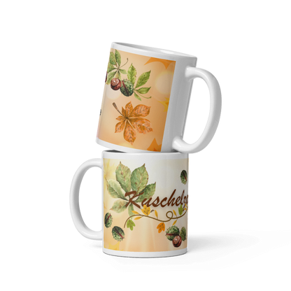 Tasse „Kuschelzeit &amp; Tee“ – Herbsttasse mit Kastanien &amp; Herbstlaub