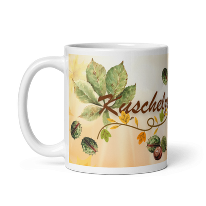 Tasse „Kuschelzeit &amp; Tee“ – Herbsttasse mit Kastanien &amp; Herbstlaub