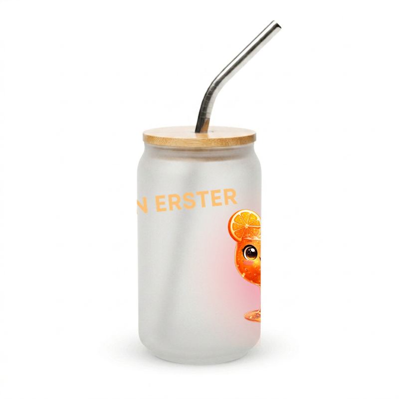 Seitenansicht des Glases zum ersten Muttertag mit dem Schriftzug Mein erster in Orange.