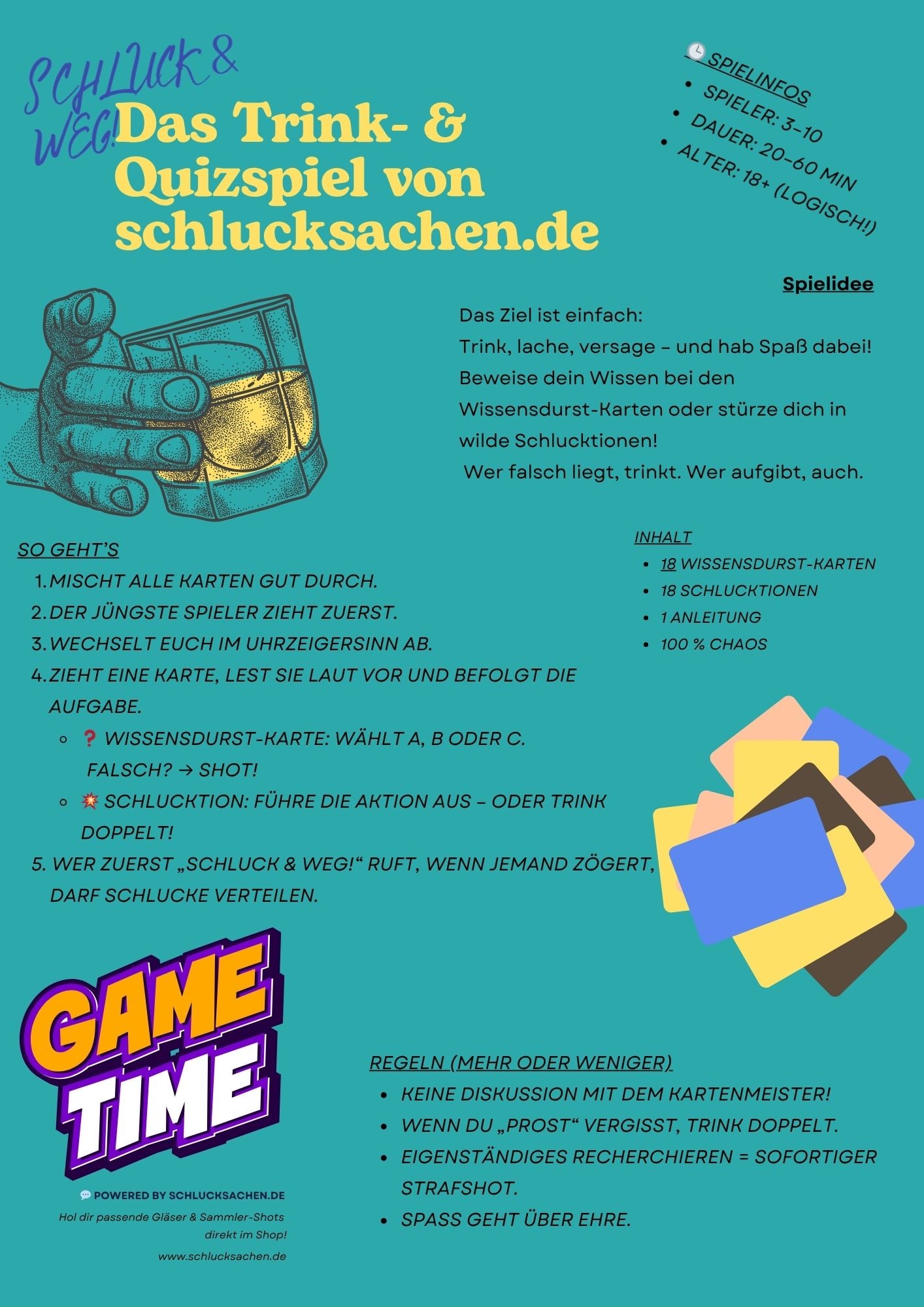 Anleitung für das Halloween Trinkspiel Schluck & Weg von Schlucksachen mit Spielregeln, Wissensdurst-Fragen und Schlucktionen für die perfekte Party.