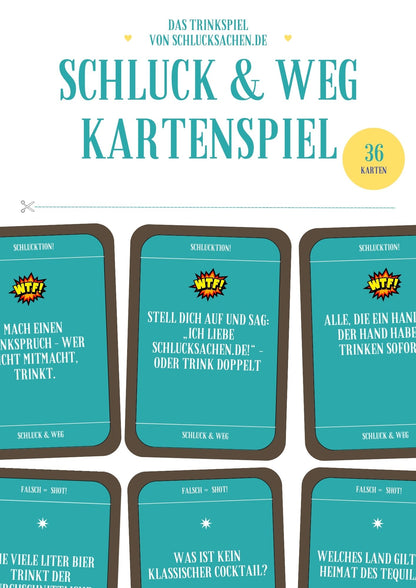 Vorschau des Schluck & Weg Kartenspiels von Schlucksachen mit 36 Karten zum Ausdrucken, inklusive Trinkspielen und Quizfragen für Partys.