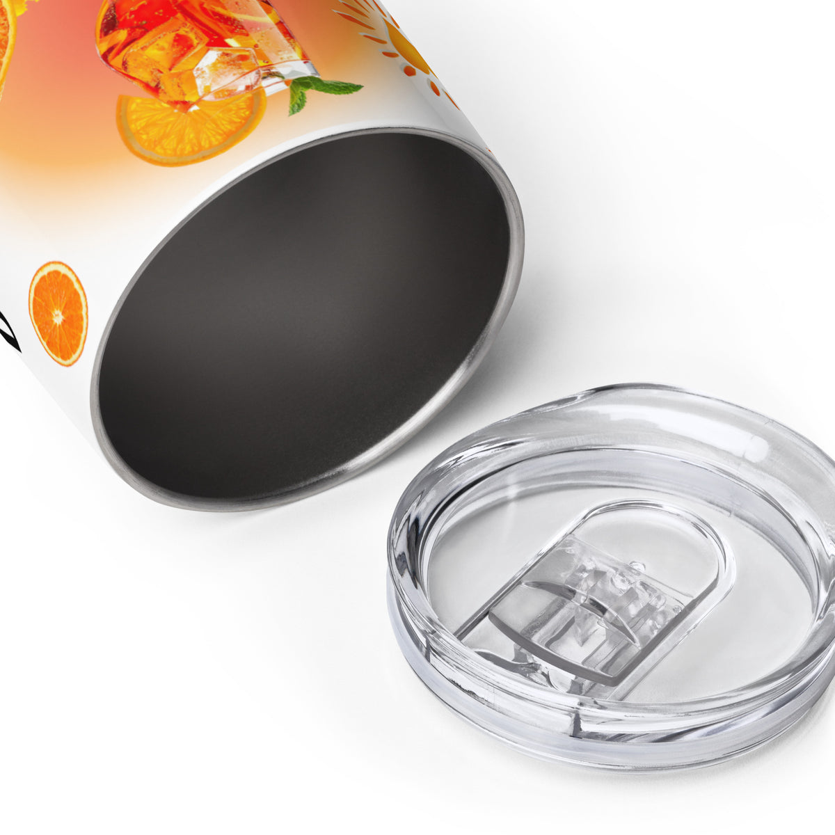 Edelstahl-Weinbecher von unten mit sichtbarer Innenseite, Aperol-Glas-Motiv und transparentem Deckel