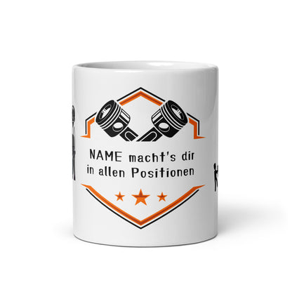 Personalisierte Tasse „NAME macht's dir in allen Positionen“ – Geschenk für Mechaniker & Schrauber | Schlucksachen